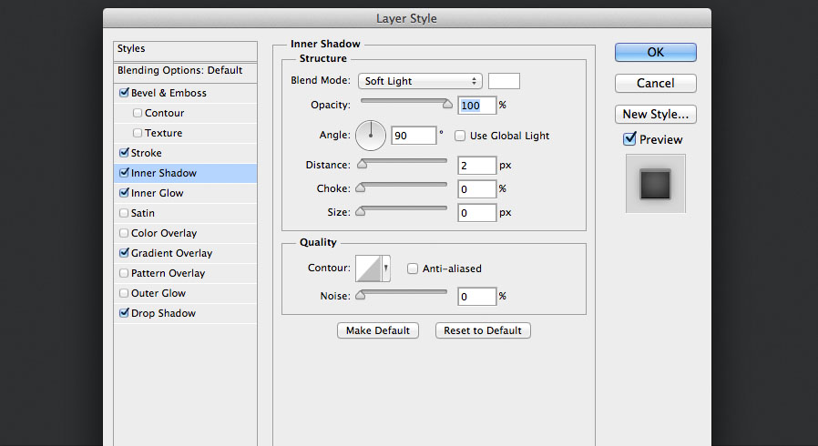 add a soft light inner shadow layer style for the audio knob photoshop tutorial