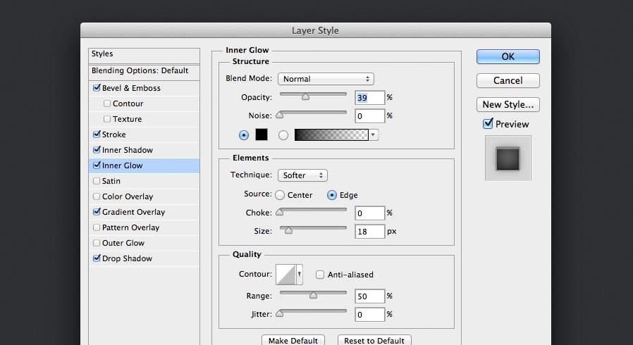 add a normal dark inner glow layer style for the audio knob photoshop tutorial